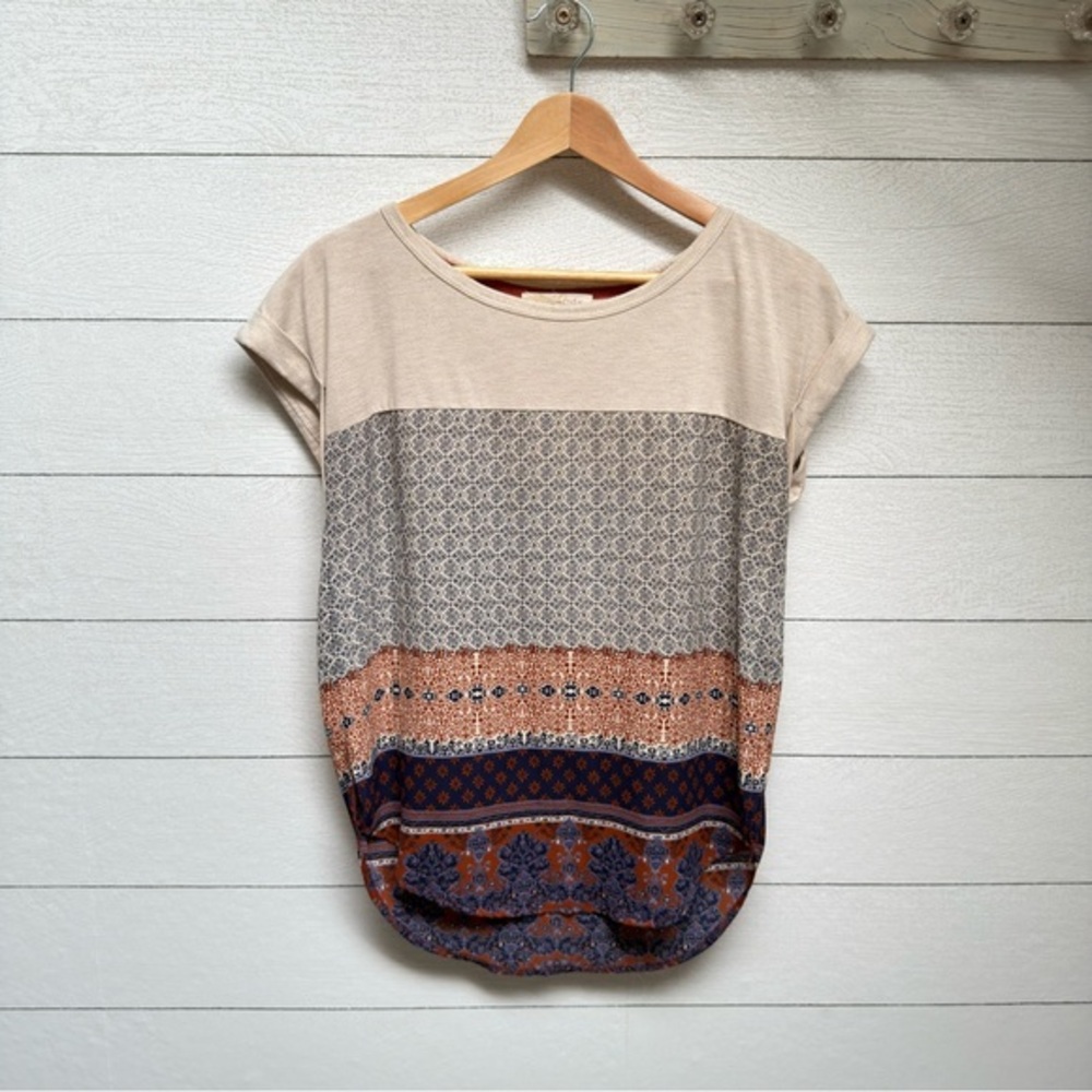 Rewind Colorblock Boho Patchwork Mixed Print Top Cream Rust Navy Size S